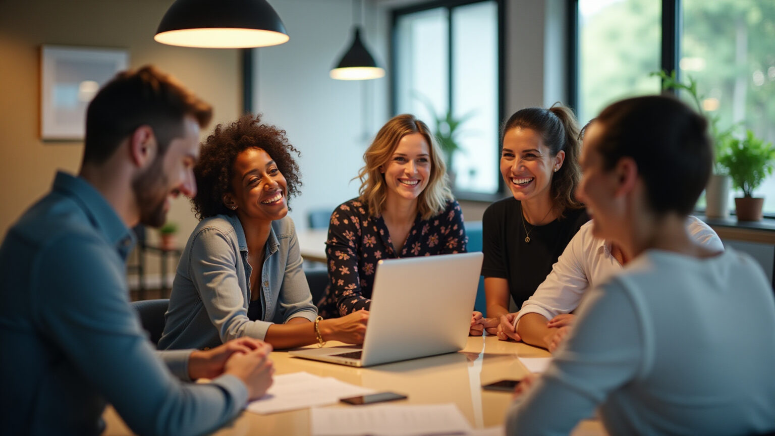 Equipe diversificada de agência de marketing colaborando em escritório vibrante no Brasil.