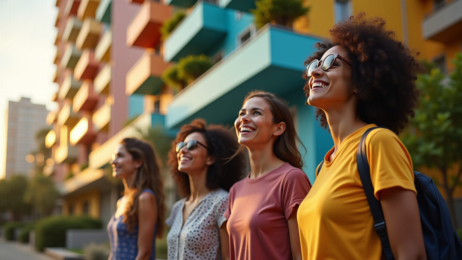 Fachada moderna de apartamento na Zona Leste de SP, com pessoas sorrindo, simbolizando investimento.
